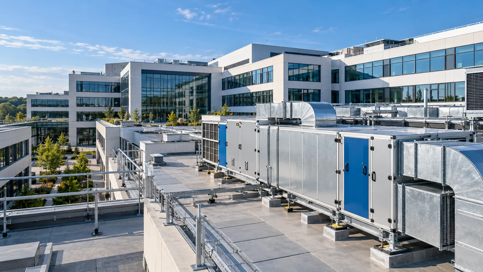 Wizualizacja poglądowa: duży kompleks budynków z instalacjami HVAC